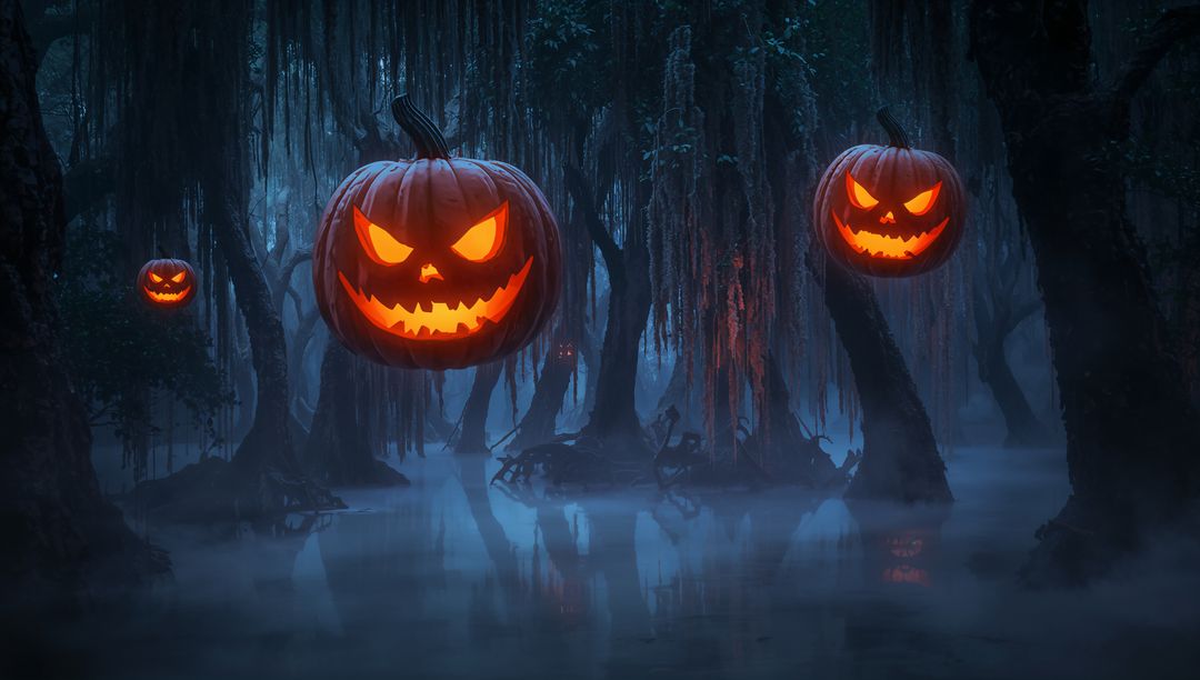 Haunting Glowing Jack-O'-Lanterns in Mysterious Foggy Swamp