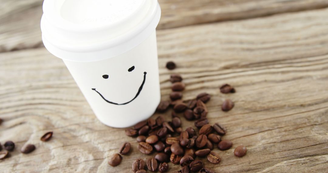 Takeaway Coffee Cup with Smiling Face and Coffee Beans on Wooden Table - Free Images, Stock Photos and Pictures on Pikwizard.com