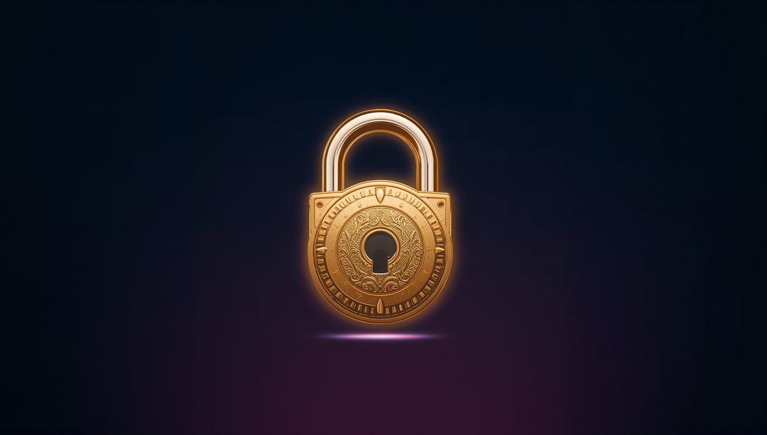 Golden Ornate Padlock Floating on Dark Gradient with Magenta Spotlight and Halo, Security Concept