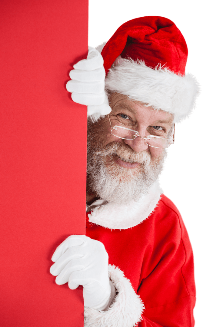Santa Claus Peeking from Red Board Celebrating Joyfully