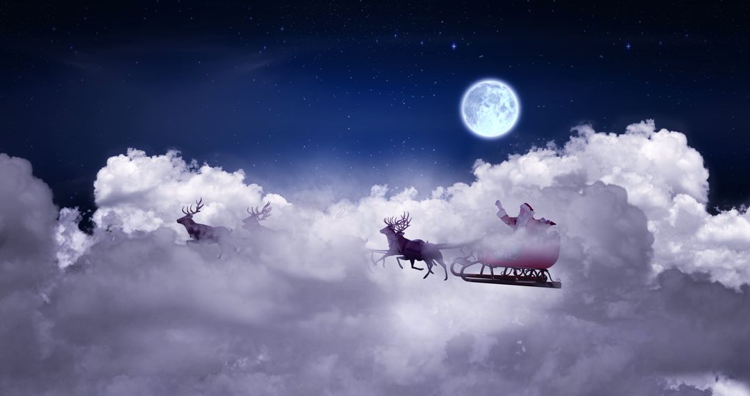 Santa Claus in Sleigh with Reindeer Flying Over Moonlit Cloudscape - Free Images, Stock Photos and Pictures on Pikwizard.com