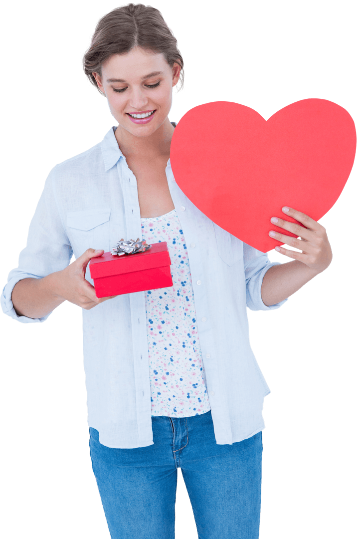 Smiling Woman Holding Heart Card and Gift on Transparent Background