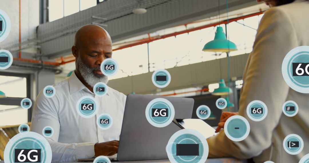 Coworkers Using Modern Tech with 6G Digital Overlay