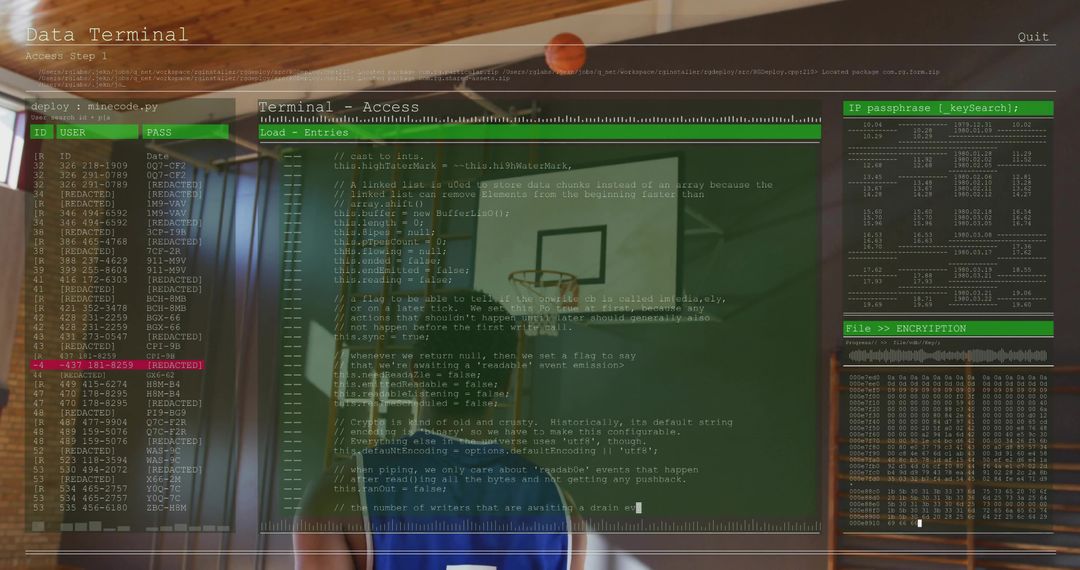 Standing basketball player wearing blue jersey in gym with futuristic UI terminal overlay