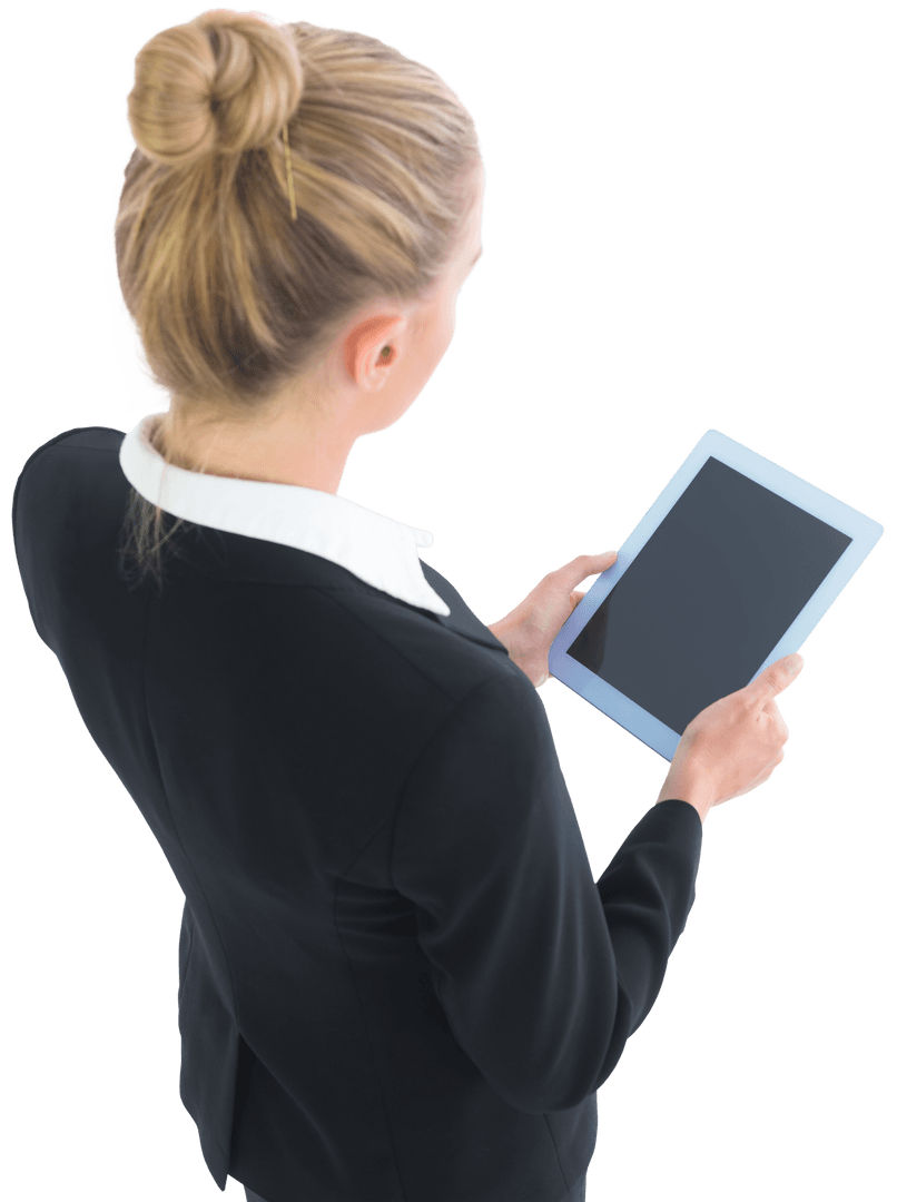 Transparent Businesswoman Using Tablet Isolated on White Background