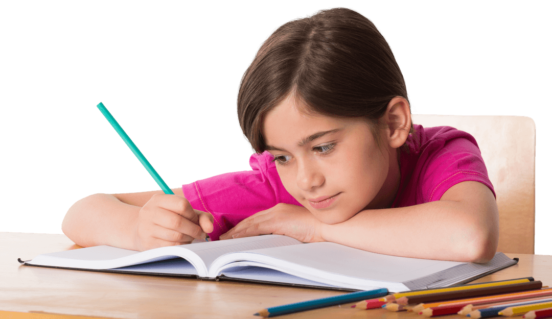 Transparent Girl Pupil Writing Homework at Desk with Pencil