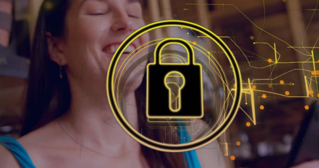 Woman Enjoying Coffee at Café with Cyber Security Overlay