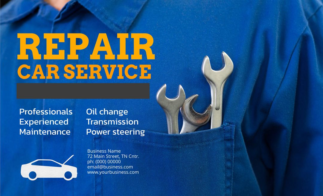 Mechanic in Blue Uniform with Tools Promoting Auto Repair Services