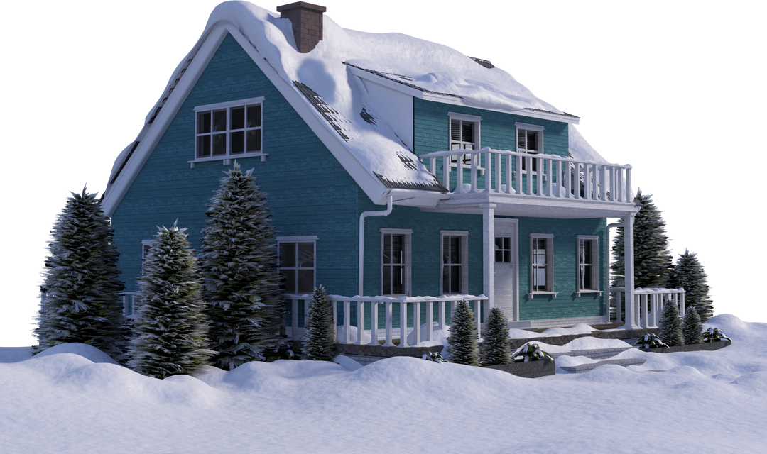 Snow-Covered House in Winter with Decorated Evergreen Trees - Download Free Stock Images Pikwizard.com