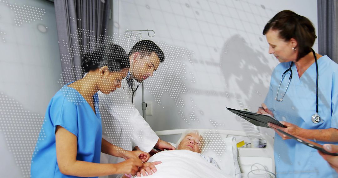 Healthcare team attending senior patient in hospital bed with IV drip and stethoscope