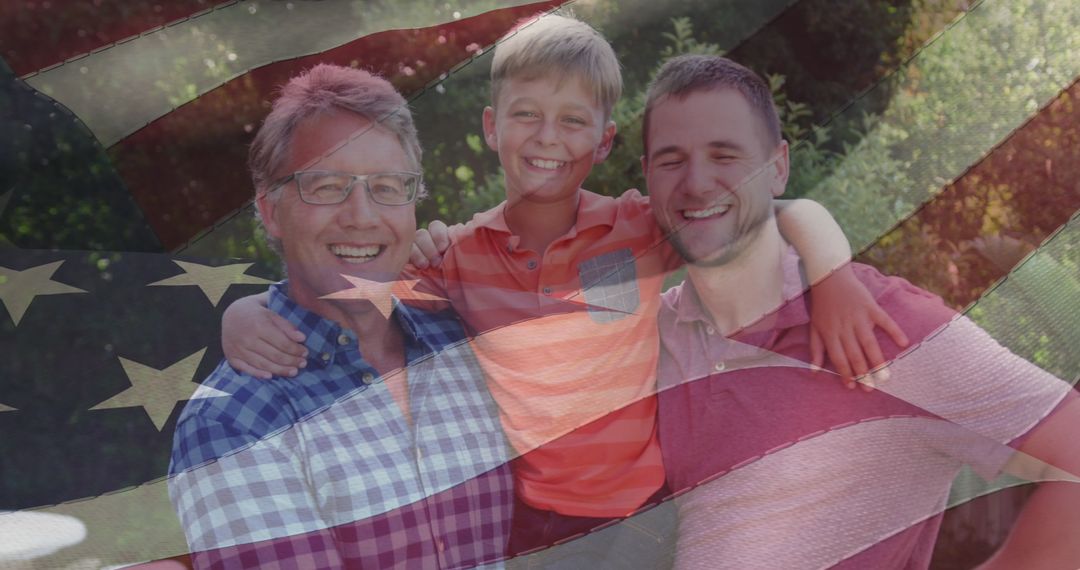 Multi-Generational American Family with USA Flag Overlay