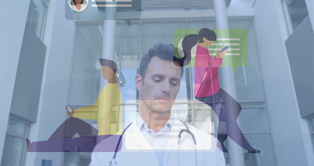 Confident Doctor Engaging with Virtual Chat Features in Medical Innovation