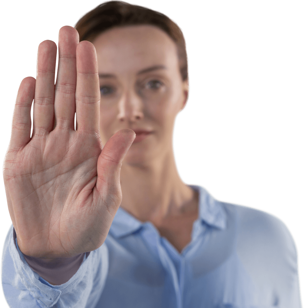 Caucasian Woman Making Stop Gesture on Transparent Background