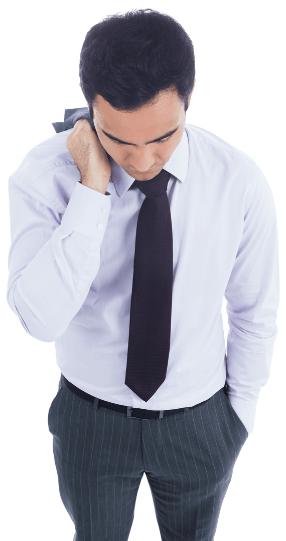 Thoughtful Biracial Businessman with Jacket Over Shoulder on Transparent Background