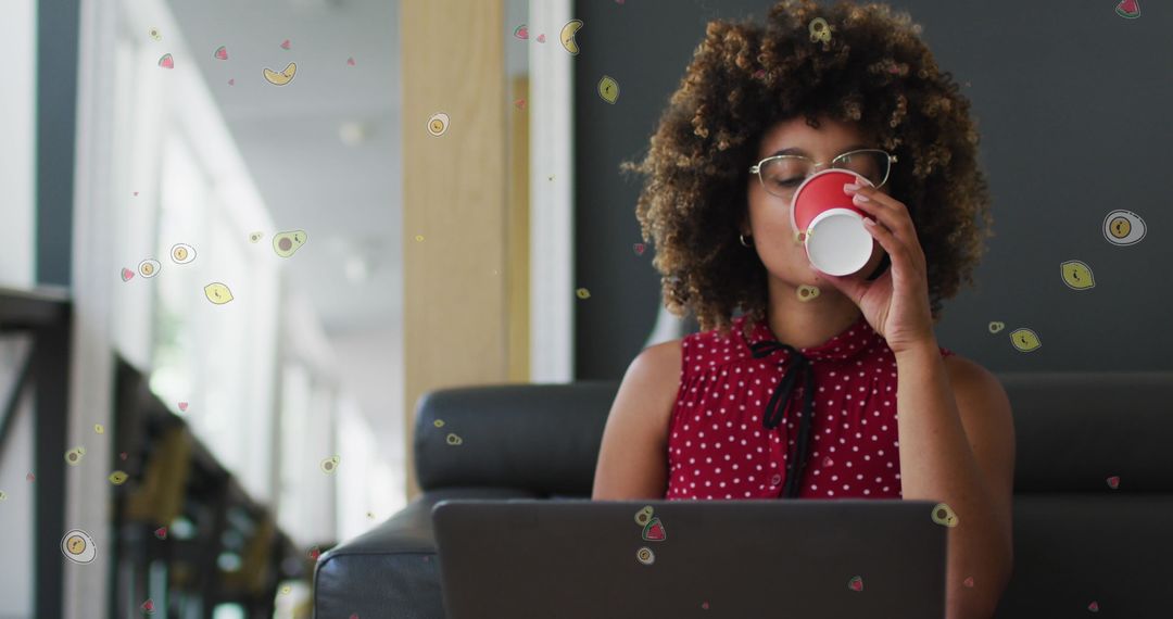 Young Woman Sip Coffee While Working from Cozy Home Interior