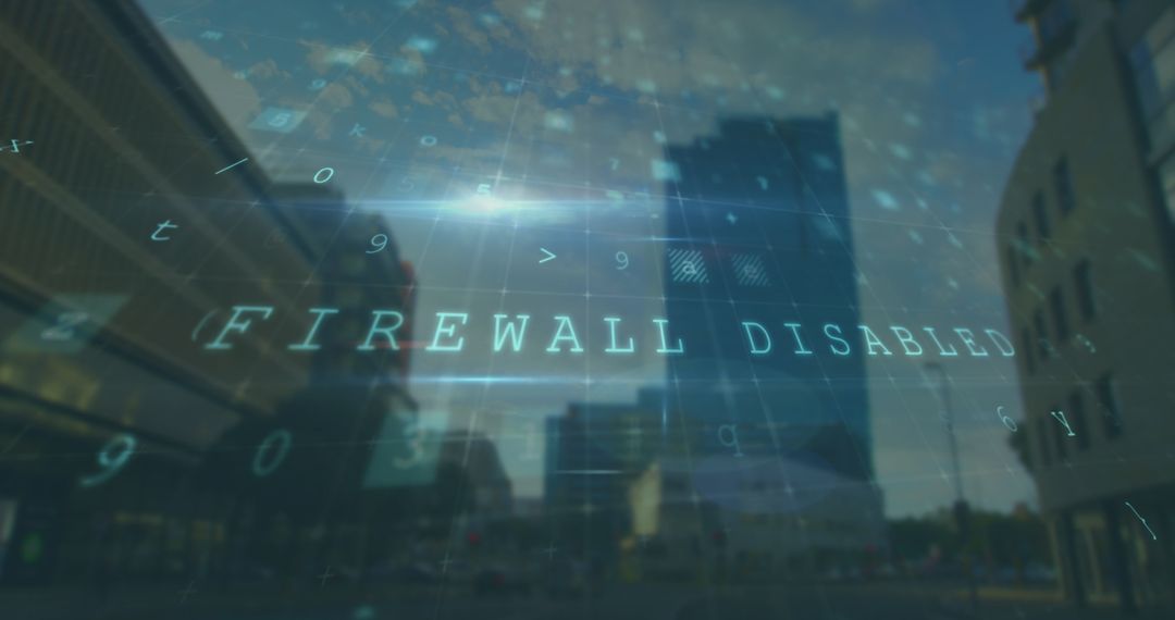 Cityscape with Digital Overlay of Firewall Disabled Text