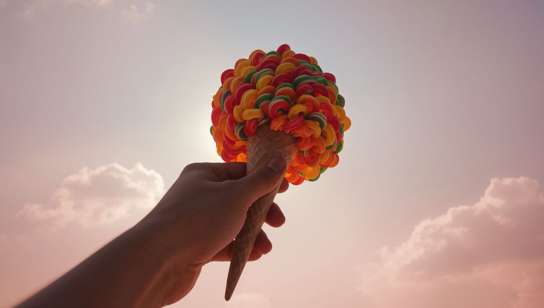 Hand Holding Colorful Candy Scoop on Waffle Cone Against Pastel Backlit Sky at Golden Hour