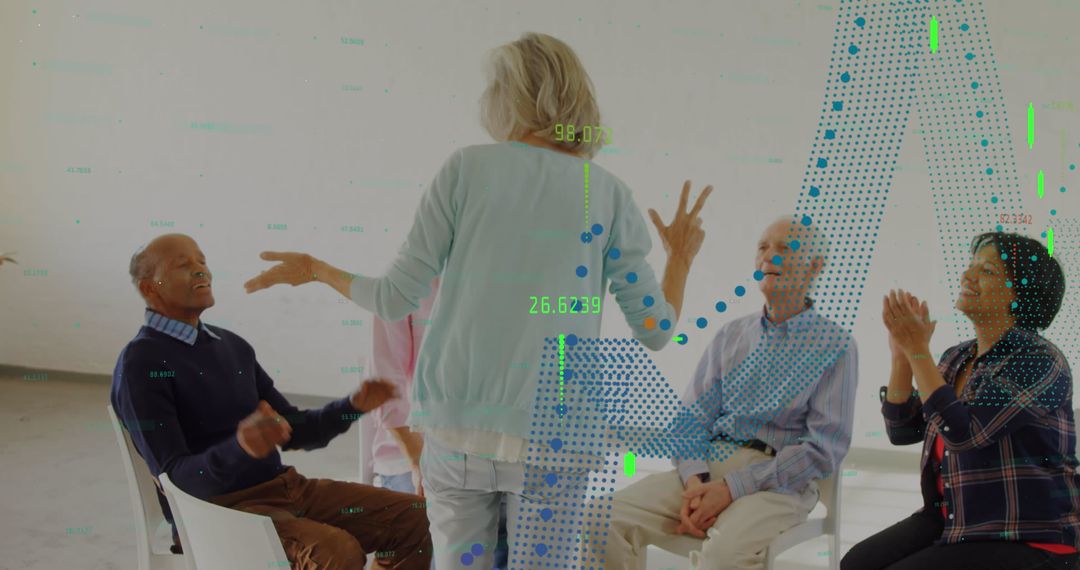 Diverse Senior Group in Support Session with Digital Charts Overlay