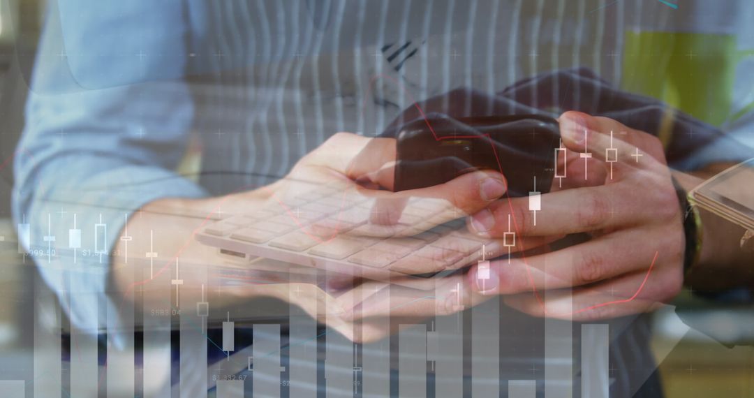 Businessman Analyzing Financial Data on Smartphone with Charts Overlay