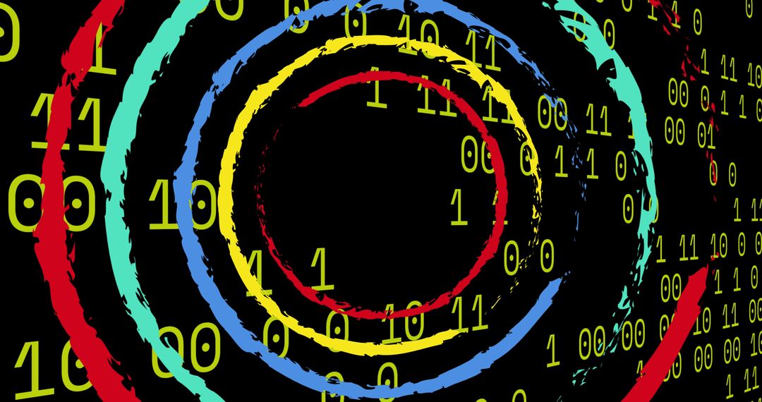 Colorful Circles and Binary Code Motif Over Black Background