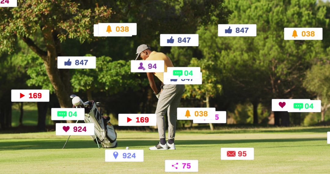 Golfer Lining Up Putt on Green with Social Media Overlays