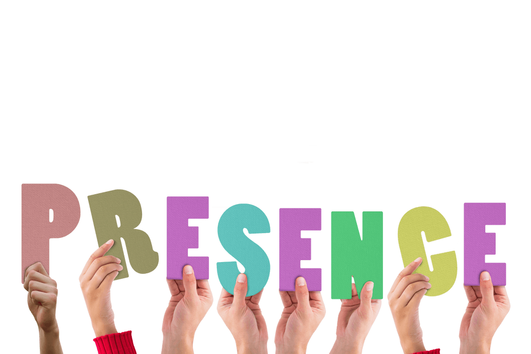 Hands Holding Colorful Letters Spelling Presence on Transparent Background