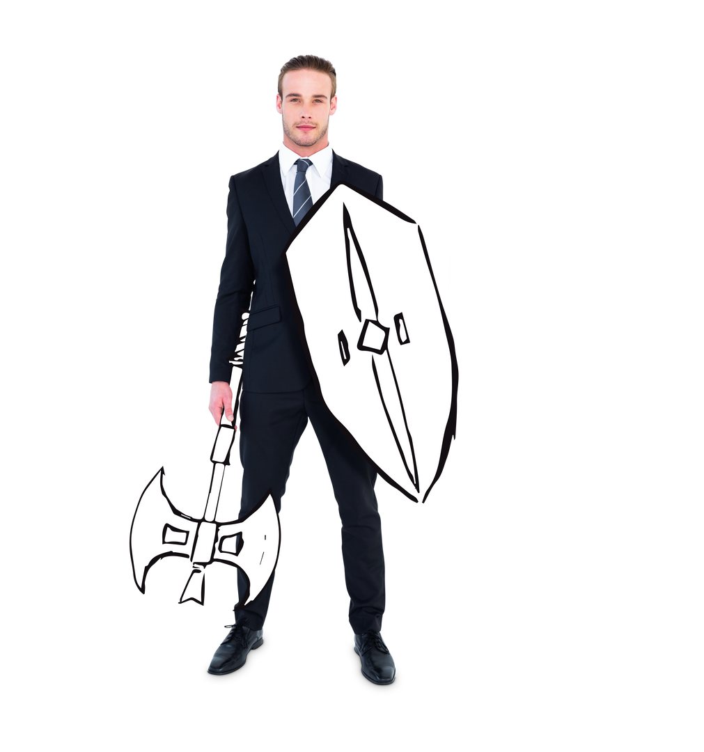 Businessman Holding Cartoon Shield and Axe on Transparent Background - Download Free Stock Images Pikwizard.com