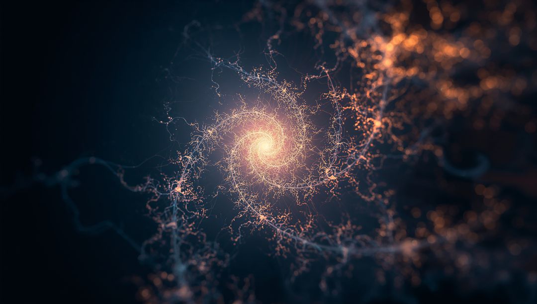 Radiating Fractal Spiral Emitting Glowing Core and Neural Filaments