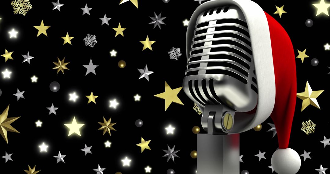 Retro Microphone in Santa Hat with Festive Stars Background
