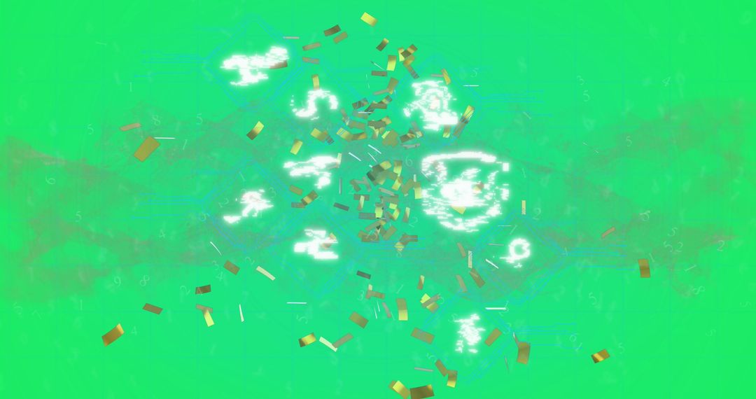 Golden Confetti Over Digital Icons on Green Background