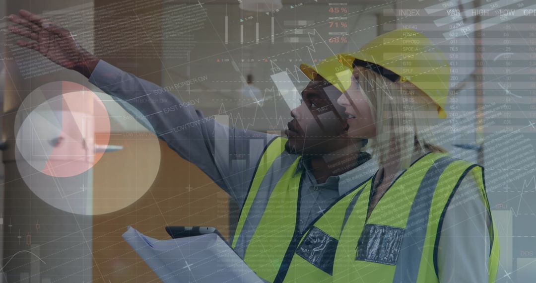 Engineers in Discussion at Construction Site with Graphics Overlay
