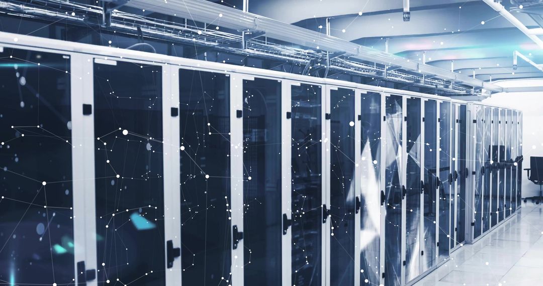 Advanced Data Center Corridor Displaying Server Racks with Tech Overlay