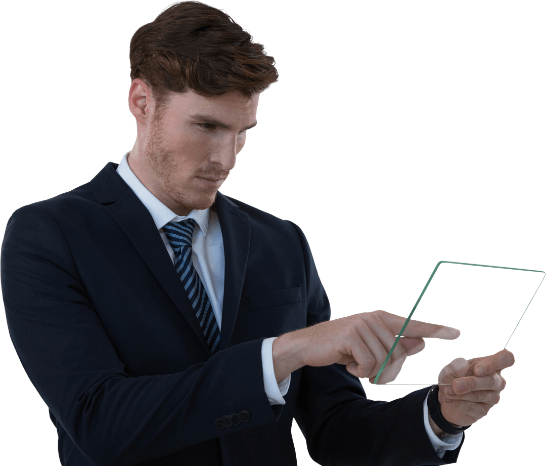 Businessman Interacting with Transparent Glass Tablet Device