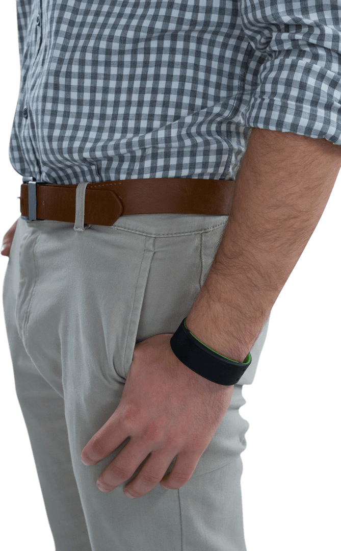 Stylish Man's Midsection in Checkered Shirt with Fitness Tracker