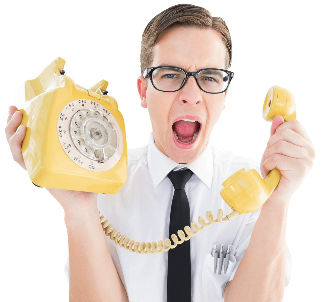 Geeky Businessman Frustrated With Yellow Retro Phone