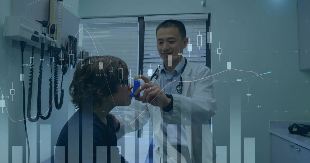 Pediatrician Administering Inhaler Spacer to Child with Healthcare Analytics Overlay