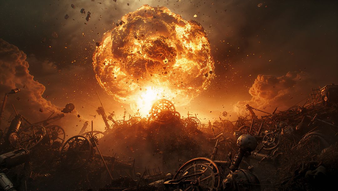 Apocalyptic Fiery Explosion Over Mechanical Wasteland