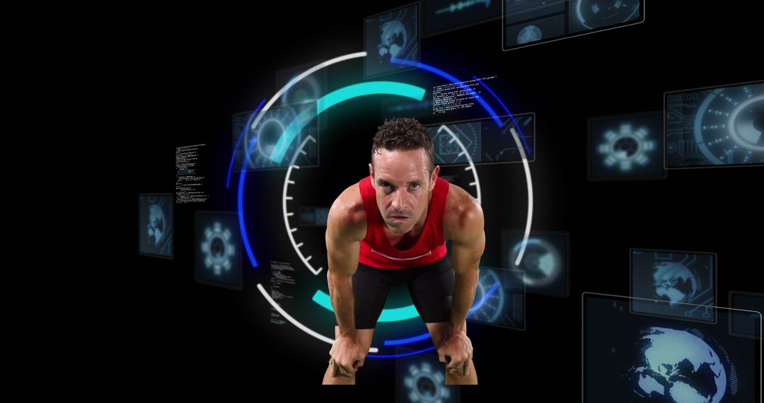 Sportsman Engaging with Digital Interface in Futuristic Setting