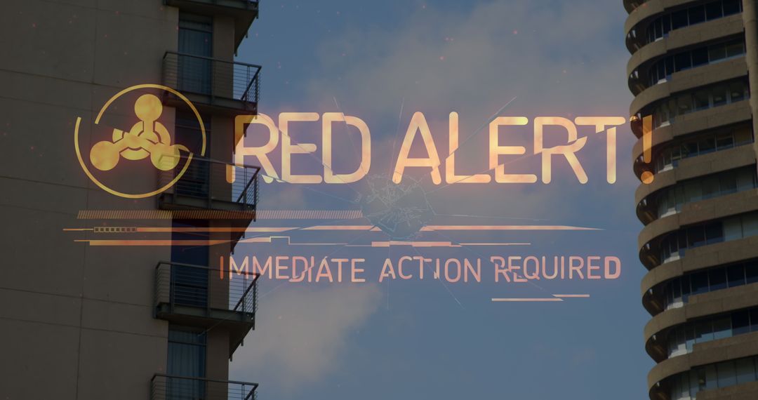 Red Alert Warning Sign Across Cityscape Symbolizing Urgency