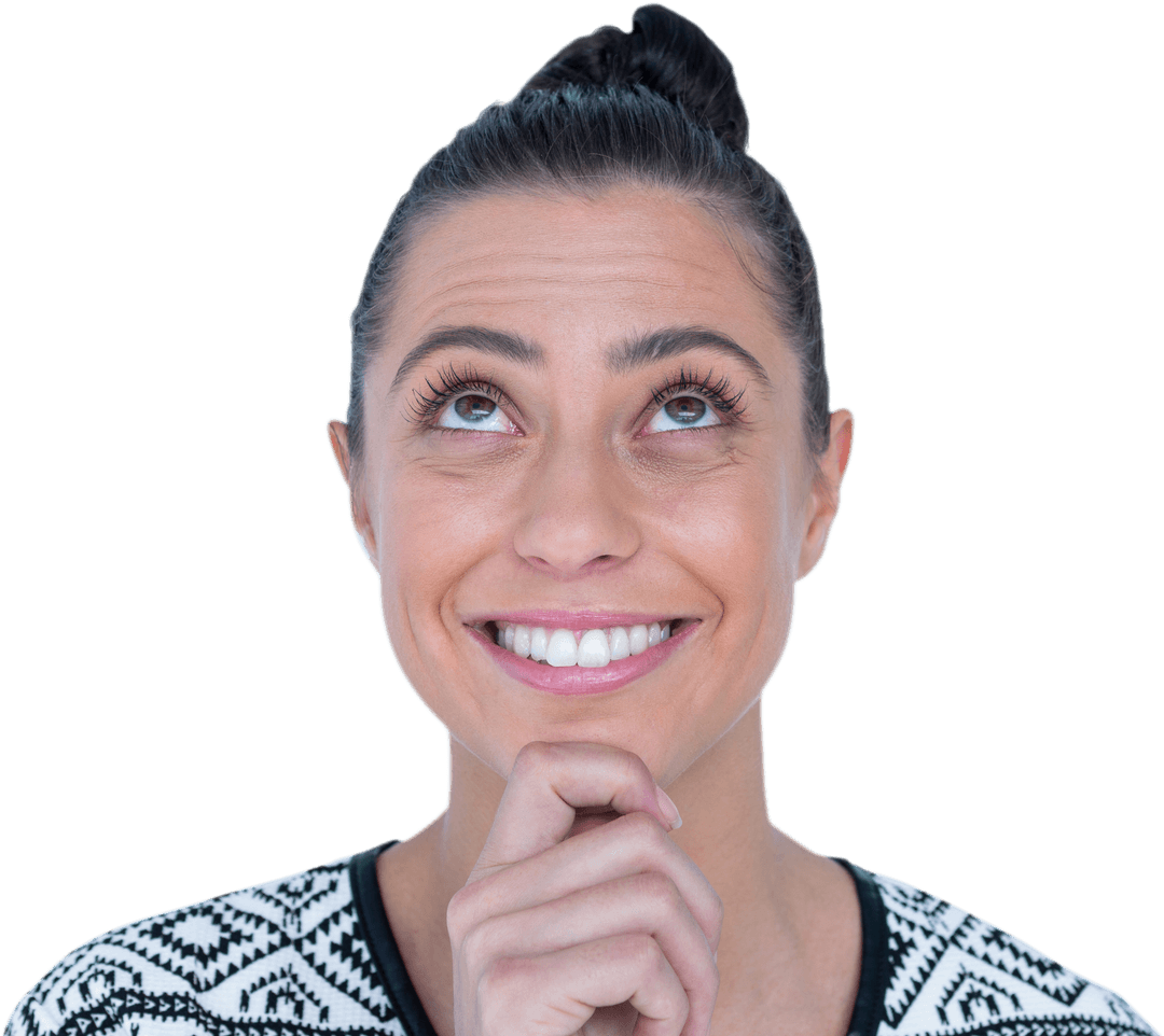 Smiling Woman Looking Upward on Transparent Background