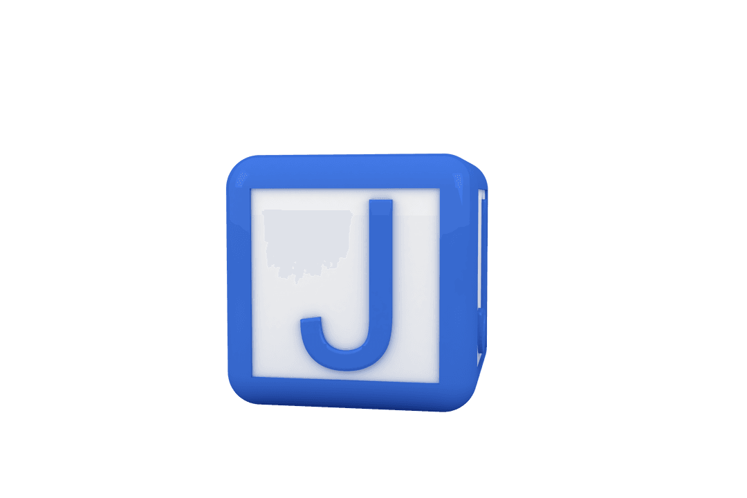 Transparent Rendered Blue Letter J Brick Block on White Surface