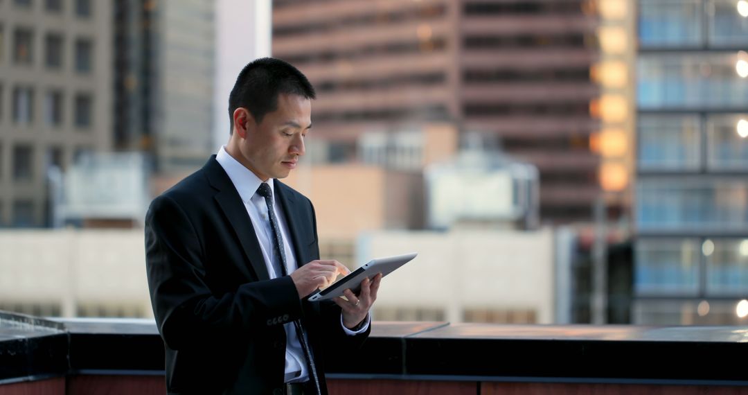 Businessman Using Tablet on Urban Balcony - Free Images, Stock Photos and Pictures on Pikwizard.com