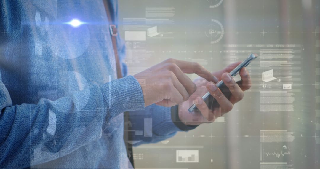 Businessman Utilizing Smartphone for Data Analysis in Modern Technology Environment