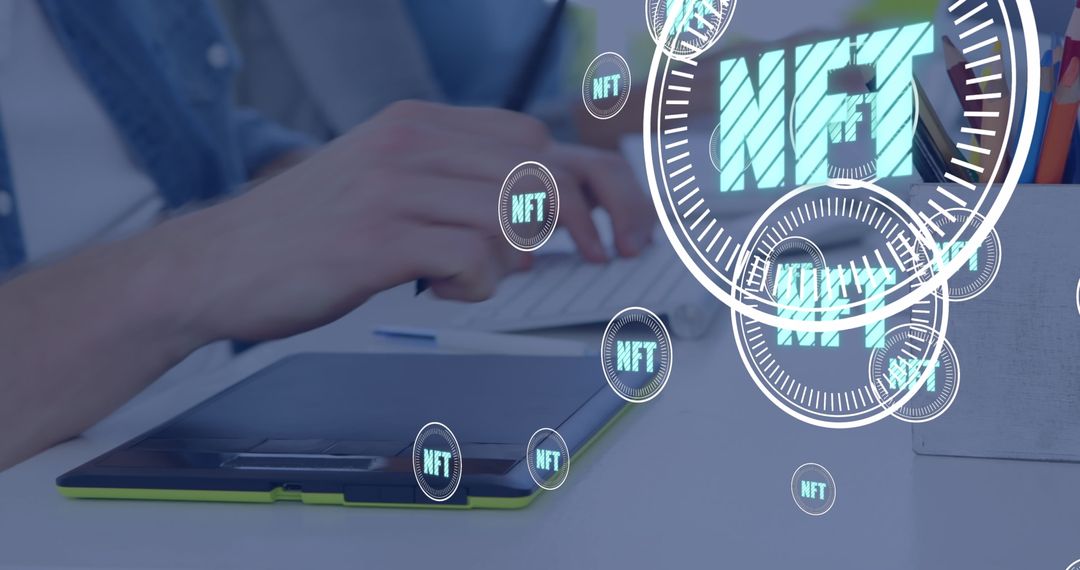 NFT Icons Overlaid on Man Using Tablet Device
