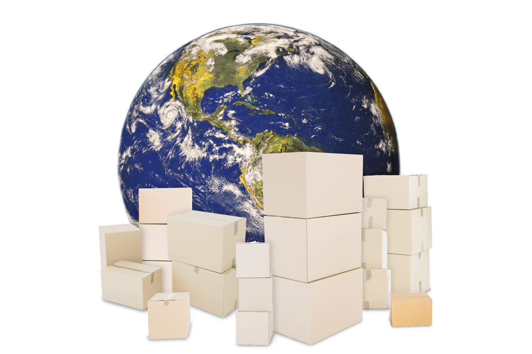 Transparent Globe with Shipping Boxes Representation of Global Commerce
