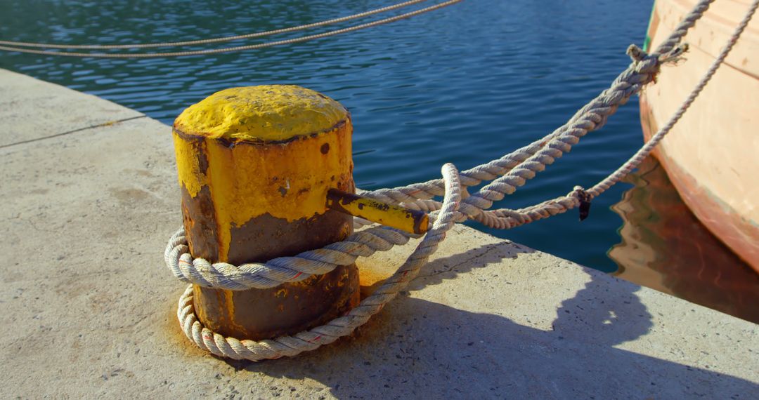 Rope Tied Around Weathered Bollard at Waterfront - Free Images, Stock Photos and Pictures on Pikwizard.com