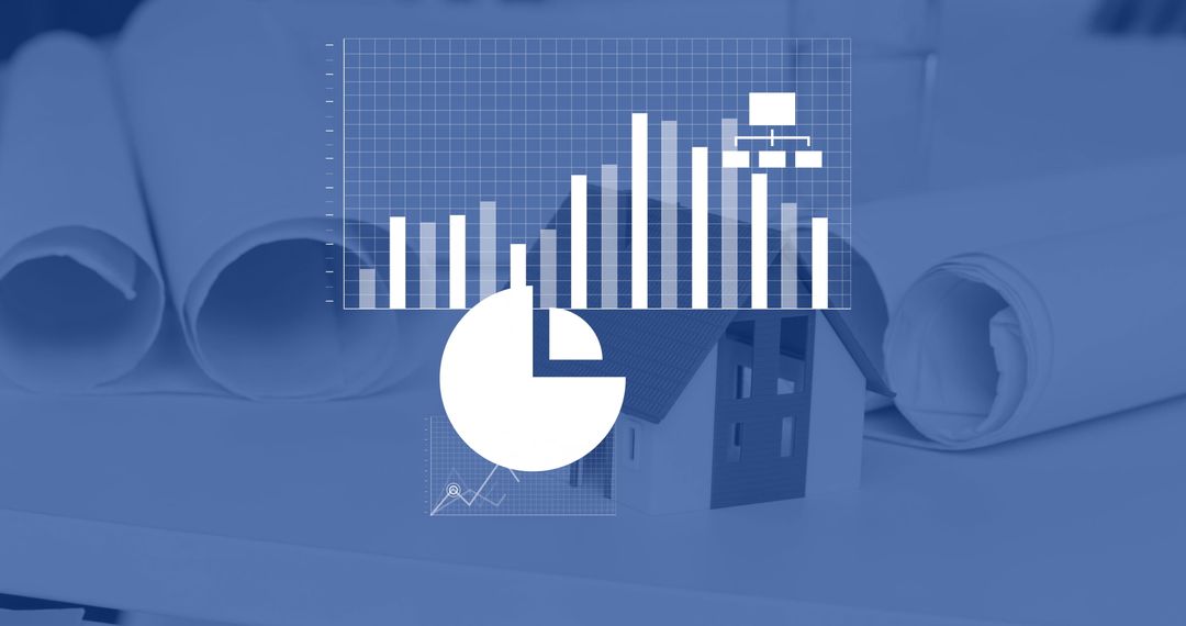 Architectural Diagrams Over Model House and Blueprints