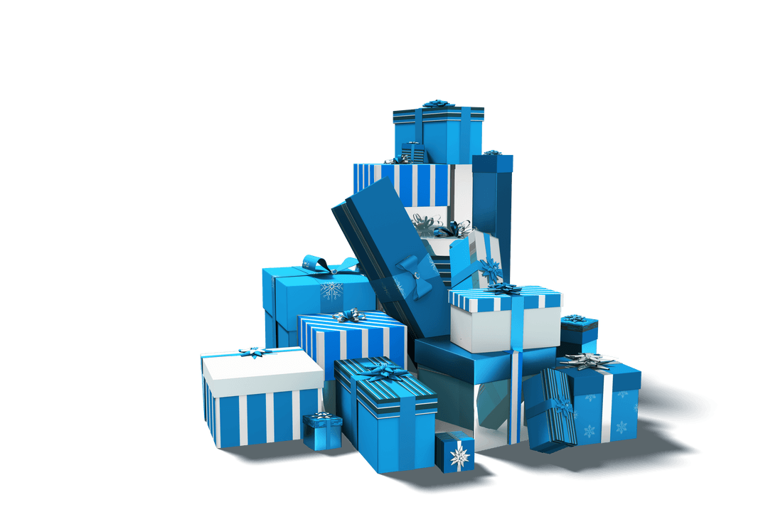 Pile of Blue Gifts with White Ribbons on Transparent Background