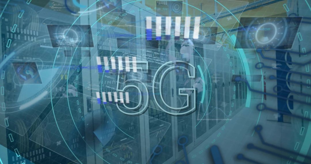 5G Technology Concept Overlaid on Server Room Data Processing