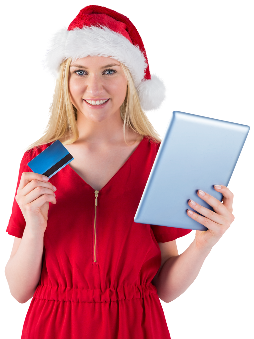 Transparent smiling woman wearing Santa hat holding tablet and credit card doing online shopping - Download Free Stock Images Pikwizard.com